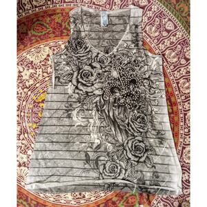 Vintage Y2K Rhinestone Fleur-de-lis Roses Tank Goth Bling Made in USA SZ L